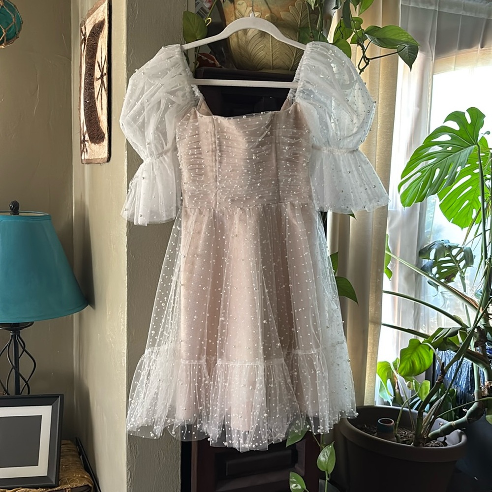 By Watters Macaron Ivory Blush Bridal Wedding Elegant Puff Sleeve Dress- Size 0